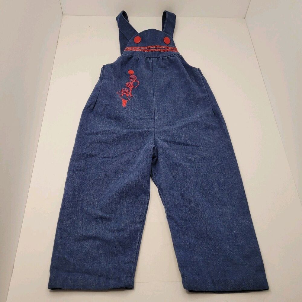 Vintage Stone Overalls Blue Denim Jean Girls Size 3T Embroidered Adjustable USA